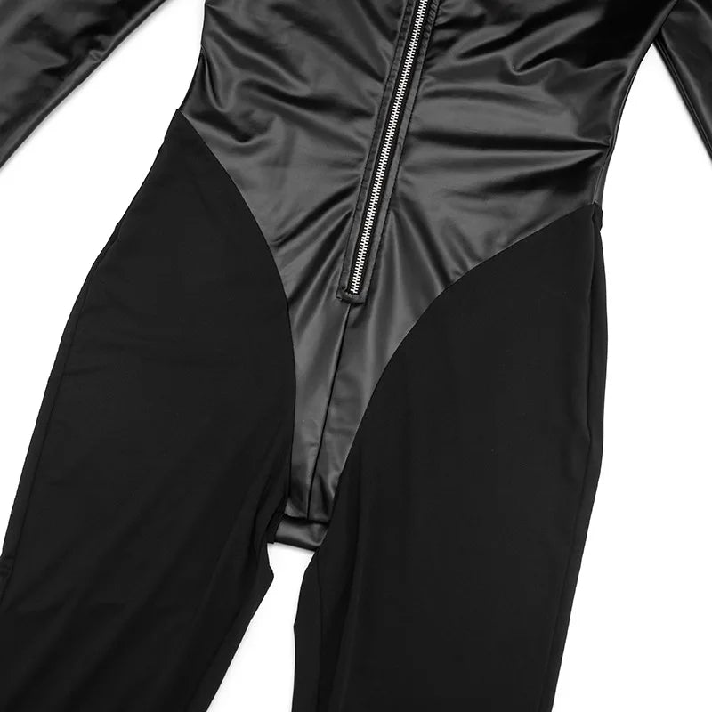 Fashion Black PU Leather Patchwork Skinny Jumpsuits Women O-neck Full Sleeve Zipper Booty Lifting Slim Fit Casual Overalls - Kimlud