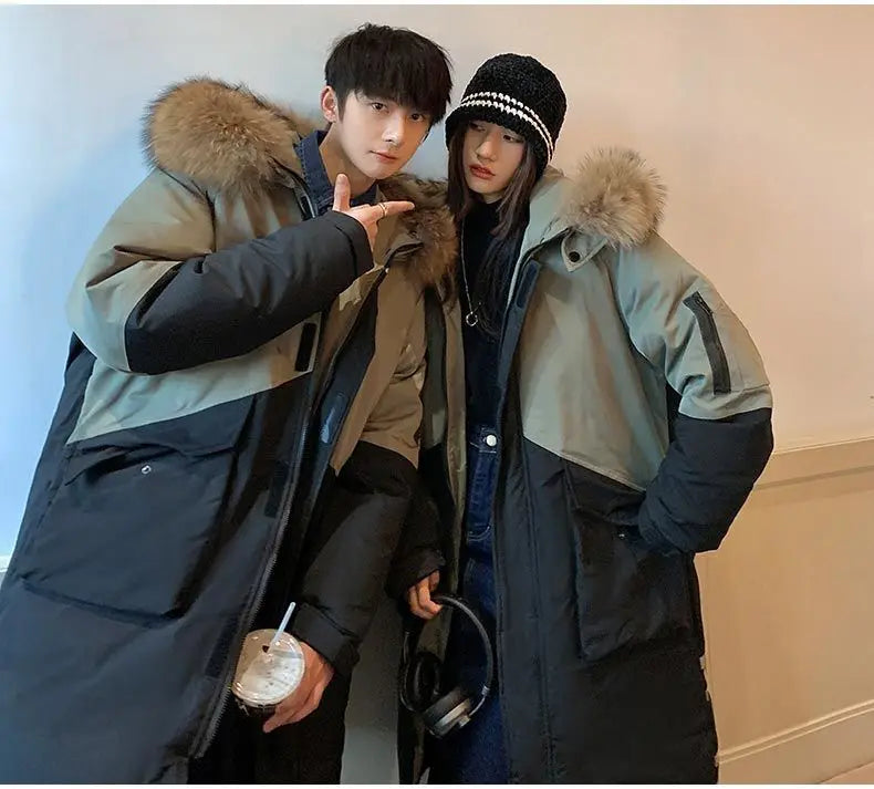 Men's Parkas Hooded Down Jacket Couple Mid-length Over-the-knee Loose Animal Fur Collar Jackets Zipper Pockets Thick Tops Coat