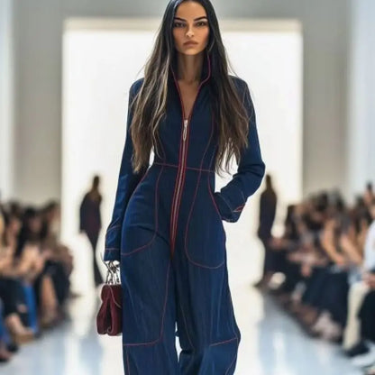 Sexy Women Lapel Retro Zipper Jumpsuit Long Sleeve Wide Leg Denim Style Casual Streetwear Daily Commute Dating Gathering...