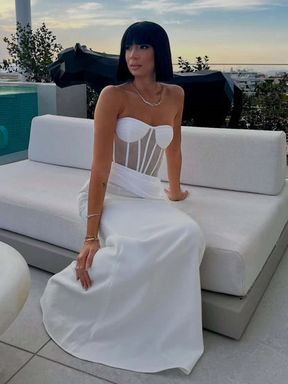 Sexy Women Two Piece Set Mesh Patchwoek Strapless Crop Top + Pleated Folds Slim Long Skirts Women's Sets Evening Party...