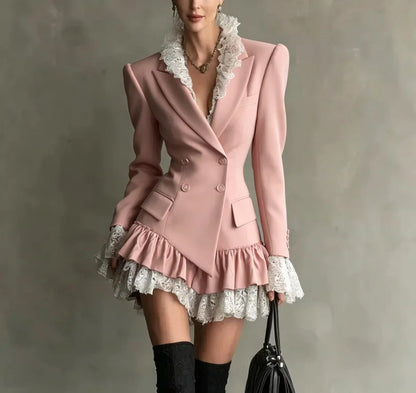 Autumn Lapel Double‑Breasted Lace Ruffle Mini Dresses Women Fashion Long Sleeve Short Dress Elegant Ladies Party...