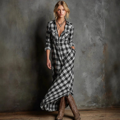 Elegant Long Sleeve Plaid Shirt Dress Fashionable Checkered Collar Dress A- Line Midi Skirt Stylish Commute Wear Polyester Fabri