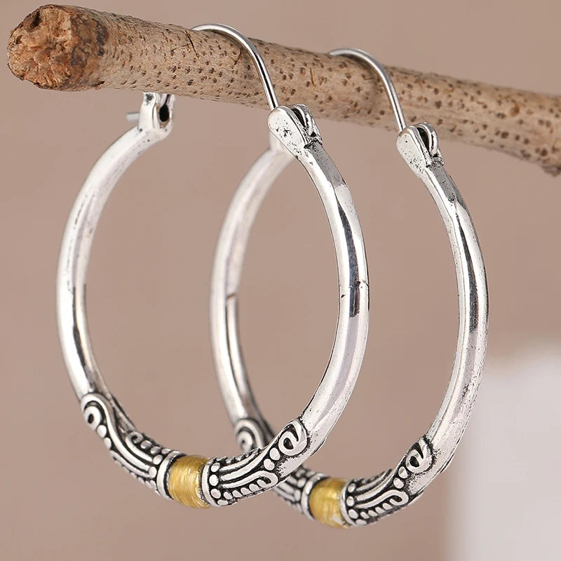 Vintage Exquisite Two-tone Textured Designed Hoop Earrings for Women Bohemian Style Fashion Vacation Banquet Jewelry Accessories