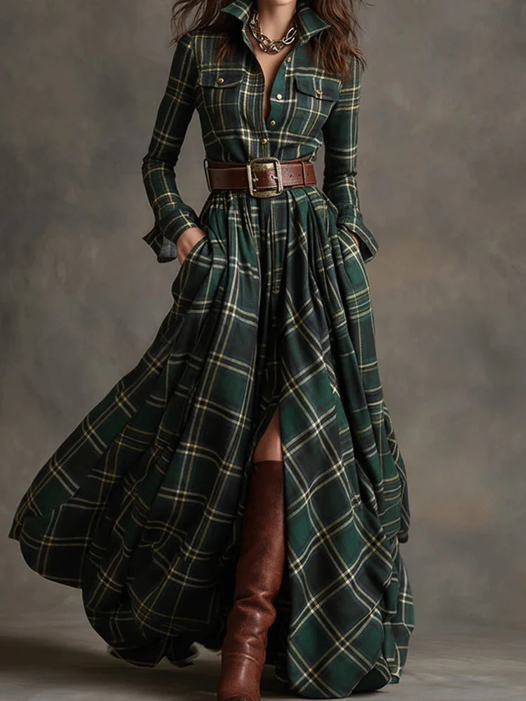 2025 Turn-Down Collar Patchwork Party Dress, Women Spring Autumn Long Sleeve Chic Maxi Dress, Plaid Printed Loose Cardigan Dress