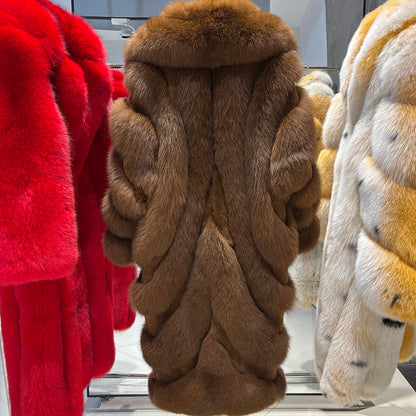 YOLOAgain 2025 Winter Warm Luxury Real Fox Fur Coat Women Pink Fox Fur Jacket Long