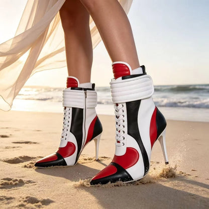 Women Pointed Toe Stiletto High Heel Ankle Boots Color Block Lace Up Fashion Party Club Punk Streetwear Booties