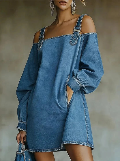 Women's Denim Mesh Patchwork Mini Dress Blue Vintage High Neck Sheer Long Sleeve Ruffle Hem Mesh Sheer Casual Streetwear Dresses - Kimlud