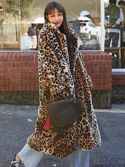 Leopard Faux Fur Women Long Coats Autumn Winter Print Jackets Turn Down Collar Maxi Punk Gothic Coat Thick Warm Open Stitch