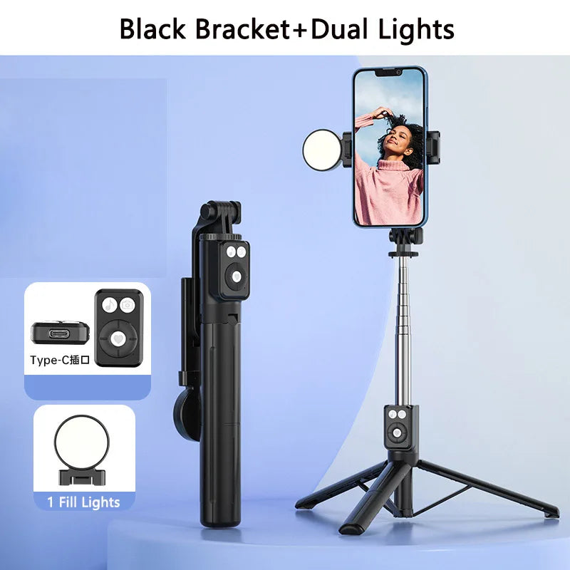 Bluetooth Wireless Selfie Stick Portable Dual Fill Light with Tripod Telescoping Bracket for iPhone Xiaomi Makeup Live Streaming