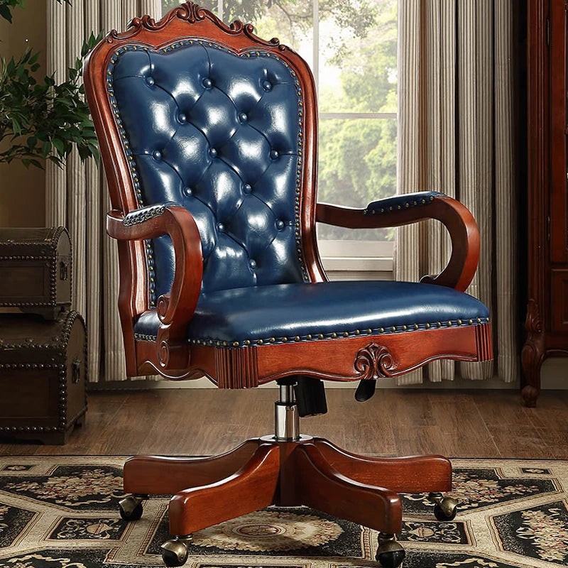 12American Genuine Leather Retro Carved Solid Wood Swivel Chair Office Chair Lift | Kimlud Vintage Luxury Home