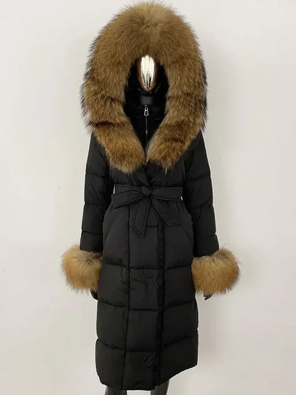 CXFS New Real Raccoon Fox Fur Collar Hooded Natural Long Winter Jacket Women 90 White Duck Down Coat Thick Warm Casual Outerwear