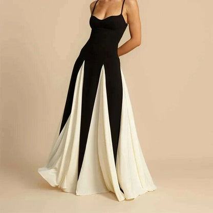Elegant Black White Dress Color Clash Women Halter Backless Dresses Sleeveless High Waist Floor Length Dresses Party Gowns