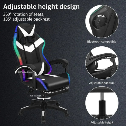 High-Back Gaming Chair with Built-in Bluetooth Speakers and RGB LED Lights for Immersive Entertainment 360 Swivel Height and Re