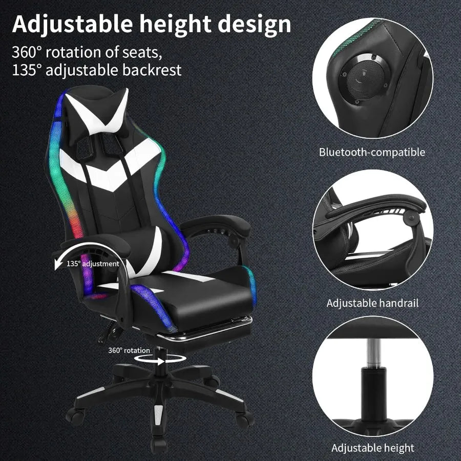 High-Back Gaming Chair with Built-in Bluetooth Speakers and RGB LED Lights for Immersive Entertainment 360 Swivel Height and Re