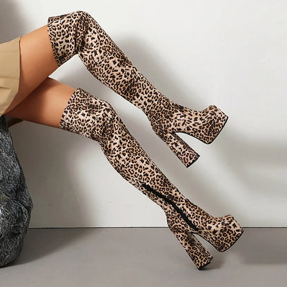 Plus Size High Platform Super Thick Heel Leopard Print Velvet Over The Knee Boots Roman Style Winter Sexy Long Boots