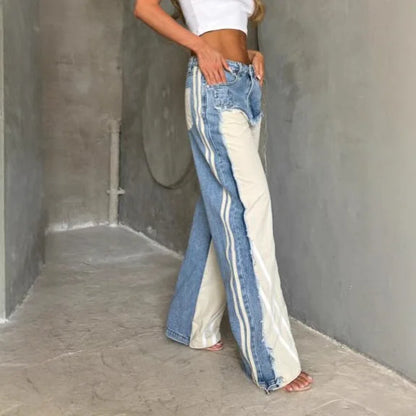 Street Splicing Jeans for Women's Autumn New Style Pants Contrast Striped Fringed Jeans | Kimlud Premium Pants