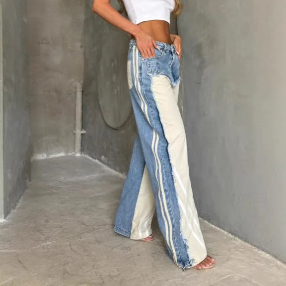 Street Splicing Jeans for Women's Autumn New Style Pants Contrast Striped Fringed Jeans | Kimlud Premium Pants
