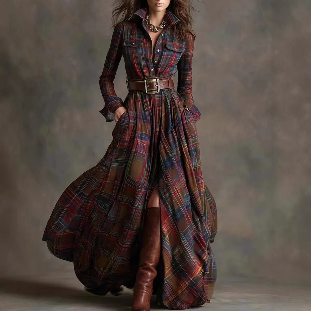 European American Women's Shirt Maxi Dress Autumn Casual Long Sleeve Button Pocket Plaid Print Lapel Retro Long Dress...