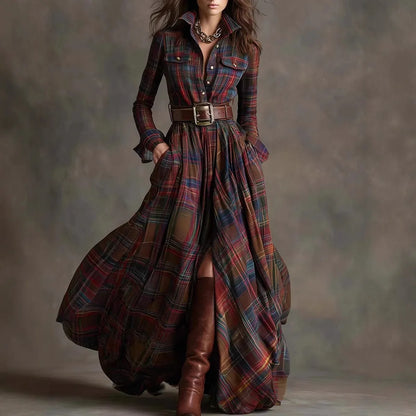 European American Women's Shirt Maxi Dress Autumn Casual Long Sleeve Button Pocket Plaid Print Lapel Retro Long Dress...