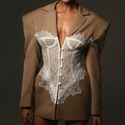 ZMEENNA 2025 Spring New Women's Black Blazer With Delicate White Lace Corset Overlay Structured Shoulders ZM954