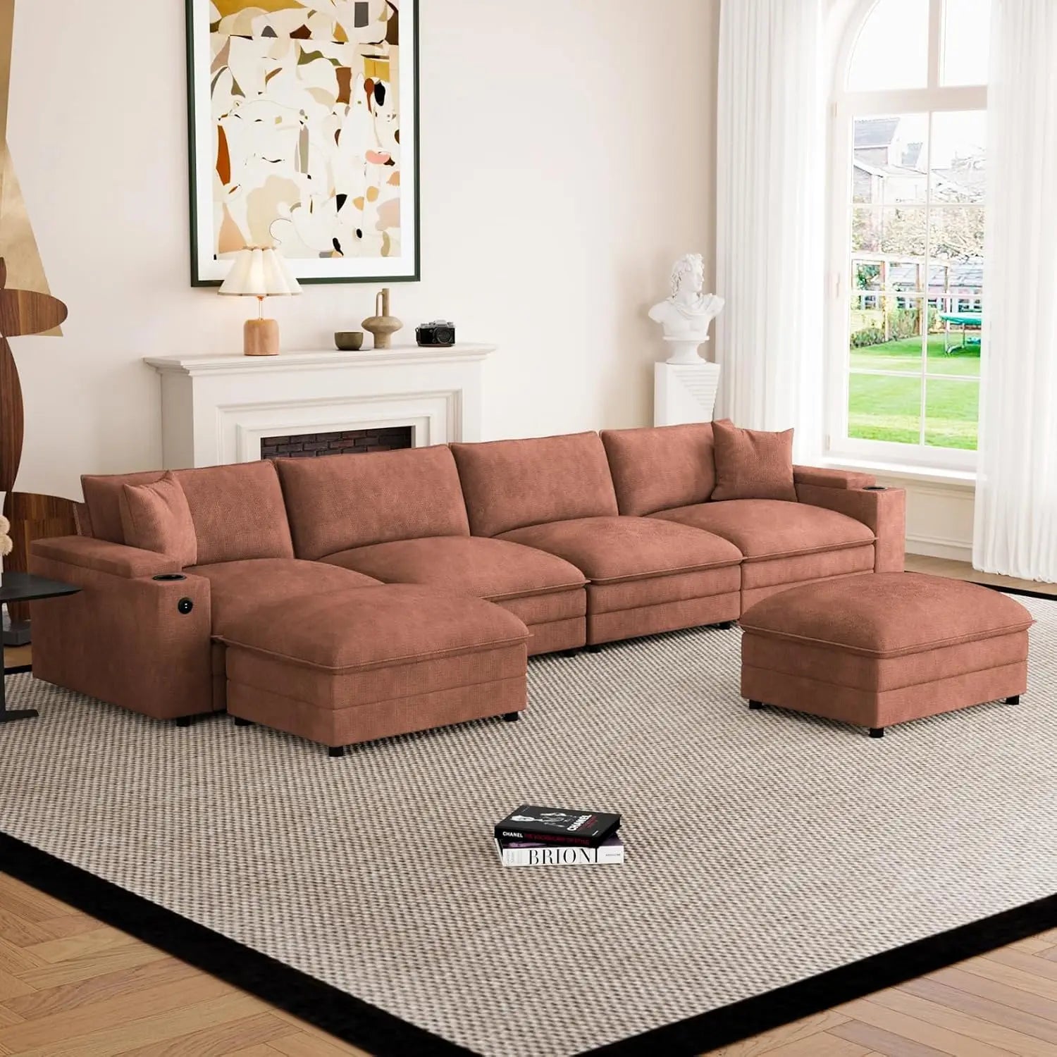 U-Shaped Sectional Sofa Ottoman Storage Armrest USB Ports Spring Cushion Solid Wood Chenille Living Room 115", Customized - Kimlud