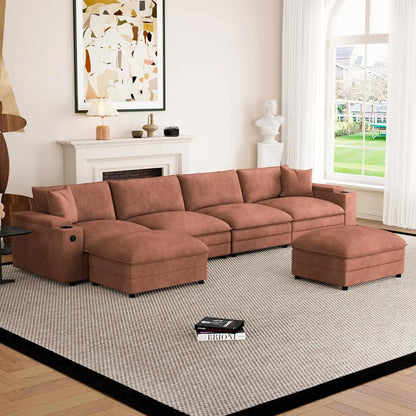 U-Shaped Sectional Sofa Ottoman Storage Armrest USB Ports Spring Cushion Solid Wood Chenille Living Room 115", Customized - Kimlud