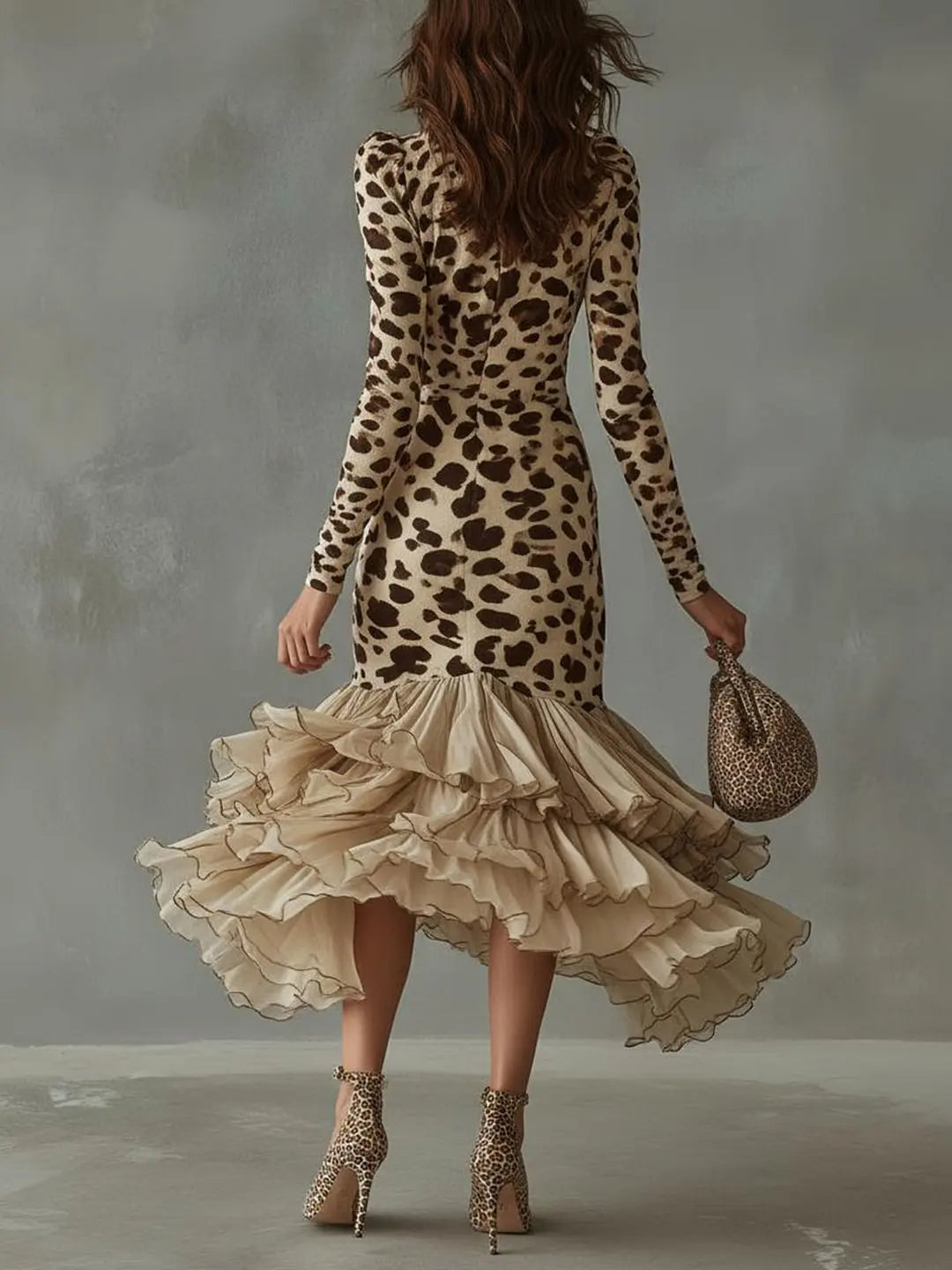 New Dress Leopard Print Splicing Ruffle Dress For Women Fashion Elegant Casual V-neck Bodycon Irregular Hem Dresses Robe...