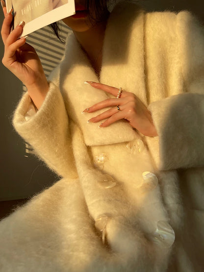 Lautaro Winter Long Vintage White Thick Warm Fluffy Wool Blends Coat Women Double Breasted Elegant Luxury Designer...