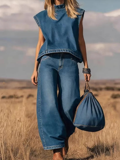 Women's Vintage Western Faux Suede Vest Top Two Piece Set Solid Crew Neck Sleeveless Loose T-Shirt With Wide Leg Pants...