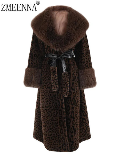 ZMEENNA Brown Leoppard Print Big Size Long Faux Fur Jacket New Lapel Long Sleeve Women Coat Fashion Autumn Winter 2024 ZM593
