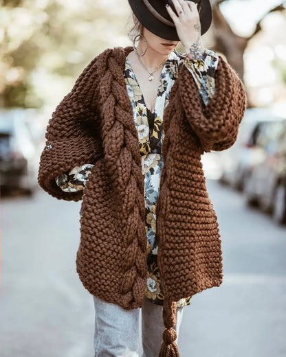 Hand-woven Split Wild Tassels Hook Twist Sweater Coat Crocheted Cardigan Autumn and Winter Thick Long Lantern Sleeve...