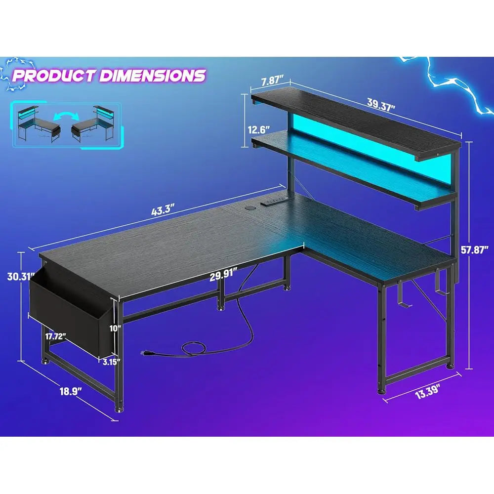 LED-lit 43.3 L-Shaped Gaming Desk with Power Outlet, Storage, and Hook for Home or Office | Kimlud Luxury Home
