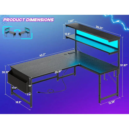 LED-lit 43.3 L-Shaped Gaming Desk with Power Outlet, Storage, and Hook for Home or Office | Kimlud Luxury Home
