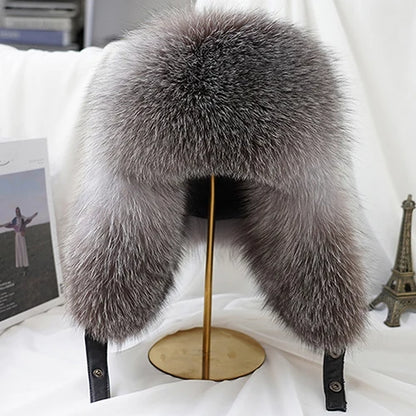 Fashion Winter Men's 100% Real Silver Fox Fur Bomber Hat Raccoon Fur Ushanka Cap Trapper Russian Man Ski Hats Caps Real Leather