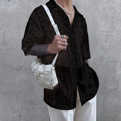 2023 Fashion Men Shirt Mesh Lace Transparent Streetwear Lapel Short Sleeve Button Camisas Party Sexy Men Clothing S-5XL...