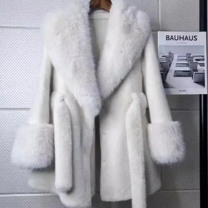 Luxury Vintage Faux Fur Coat Women Fur Collar Long Sleeve with Belt Oversized Fur Jacket Warm Thick Winter Cardigan Lady's Coats