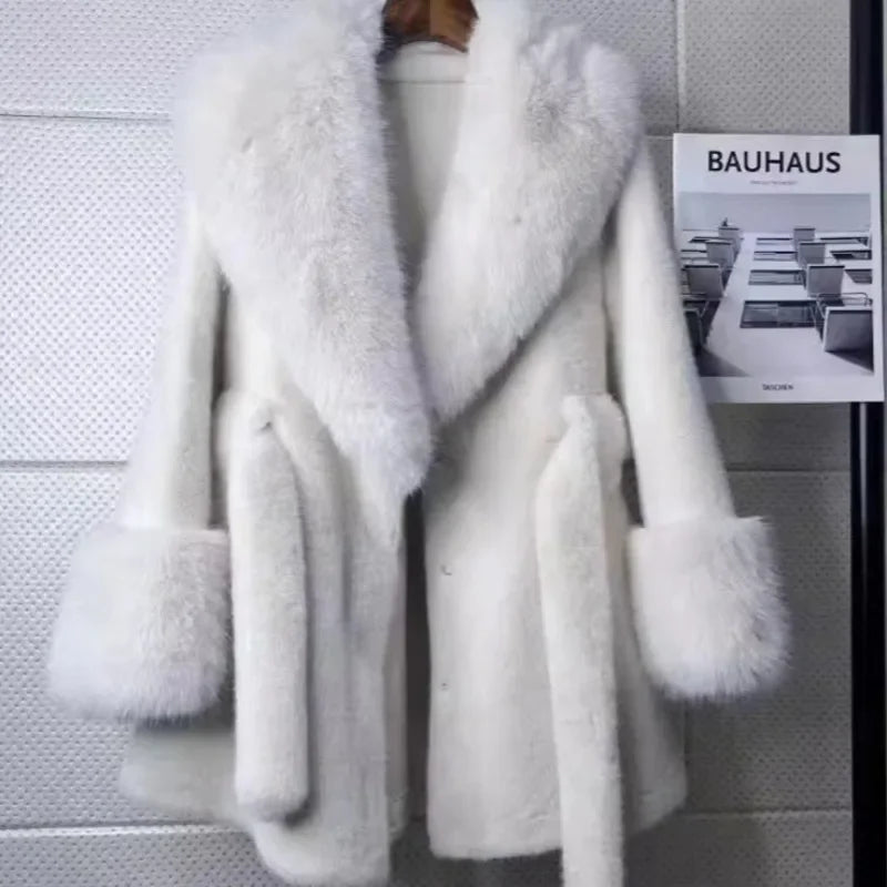 Luxury Vintage Faux Fur Coat Women Fur Collar Long Sleeve with Belt Oversized Fur Jacket Warm Thick Winter Cardigan Lady's Coats