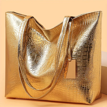 Vintage Women's Tote Bag, Large Capacity Handbag Shoulder Bag with Zipper Closure, Metallic Finish Handbags for Work, Parties