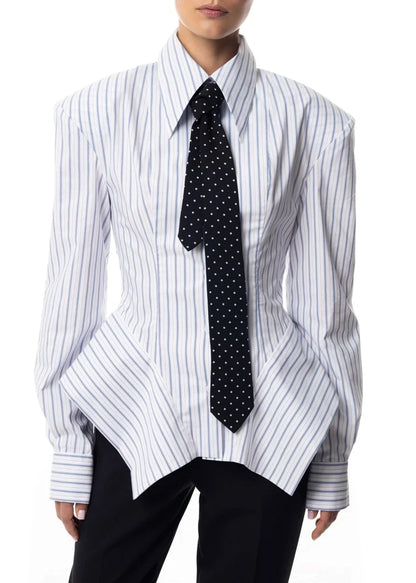 Women's Collar Striped Shirt with Asymmetrical Hem and Waist Cinching 2026 Spring summer Fashionable Casual Office...