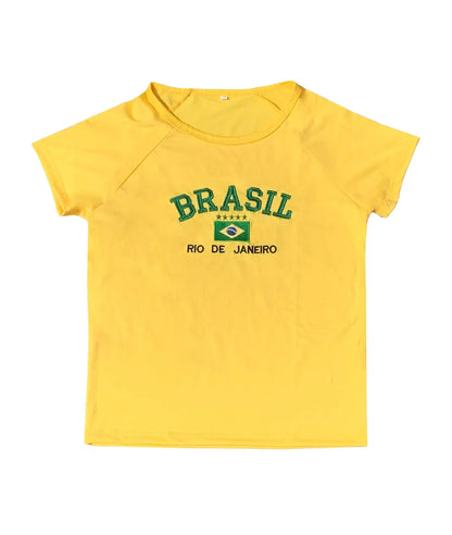 2024 Retro Street Aesthetic Baby T-shirt Women Green Brazil Letters Print Crop Tops Casual Slim Short Sleeve Y2k Clothes E-girls