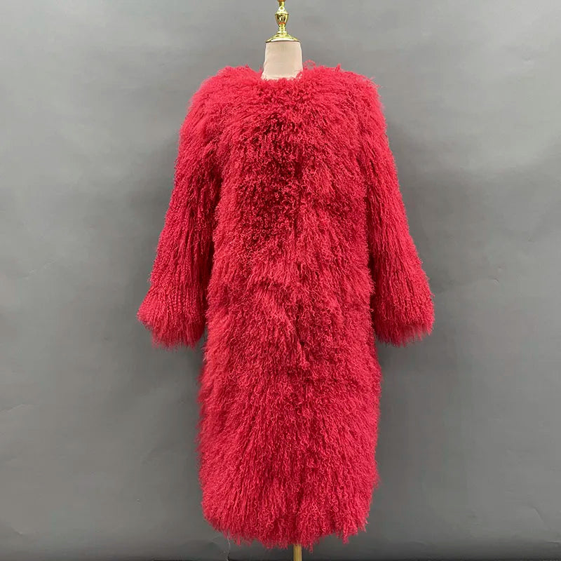 Long Mongolian Real Fur Coat For Women Elegant Fluffy Solid Thicken Warm Long Sleeves Coats Winter Chic Long Style