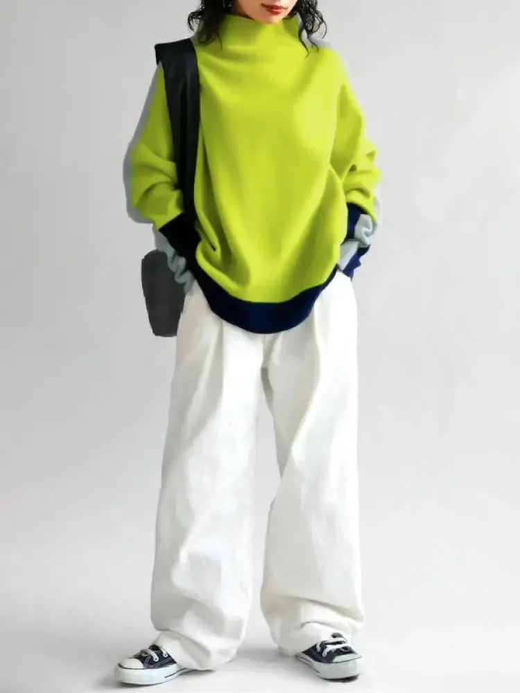 Bohohipei 2024 Latest Female High Neck Hoodless Sweatshirts Spring Autumn Long Sleeves Fashion Patchwork Casual...