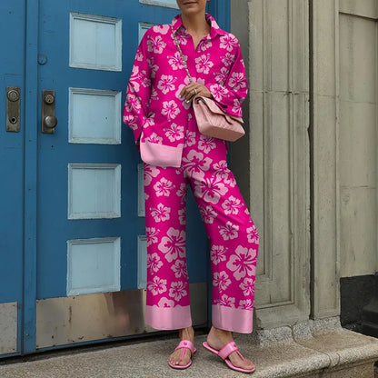 Autumn New Loose Vintage Printed Pant Sets Women Long Sleeve Shirts And Wide Legs Trousers Two Piece Set 2025 Fashion Streetwear