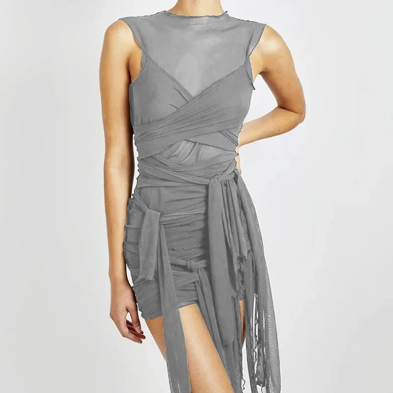 Bangniweigou Ribbon Wrap Up Draped Mesh See Through Bandage Dress Women Mummy Tie Up Bodycon High Waist Short Brown Dresses - Kimlud