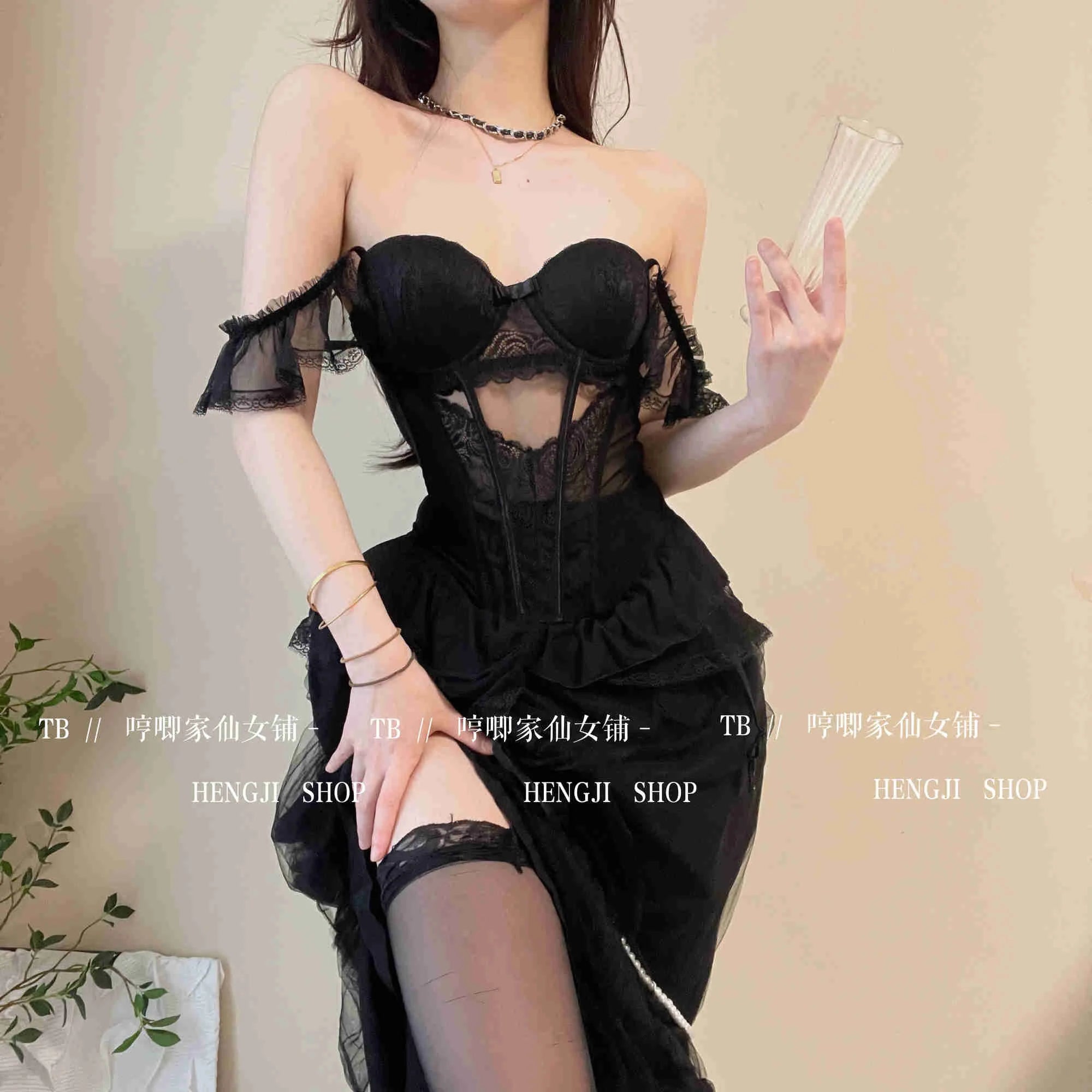 WOMENGAGA Fairy Lace Mesh Sexy Black Mini Tank Summer Beach Dress Elegant Ruffles Tops Autumn Sweet Korean Women 2022 CP8L
