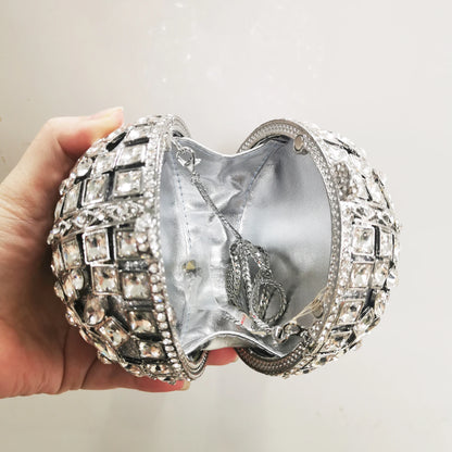 Woman Silver Crystal Stone Ball Shape Evening Bag Banquet Birthday Party Gift Lady Handbag Wedding Bridal Diamond Hollow Purse - Kimlud