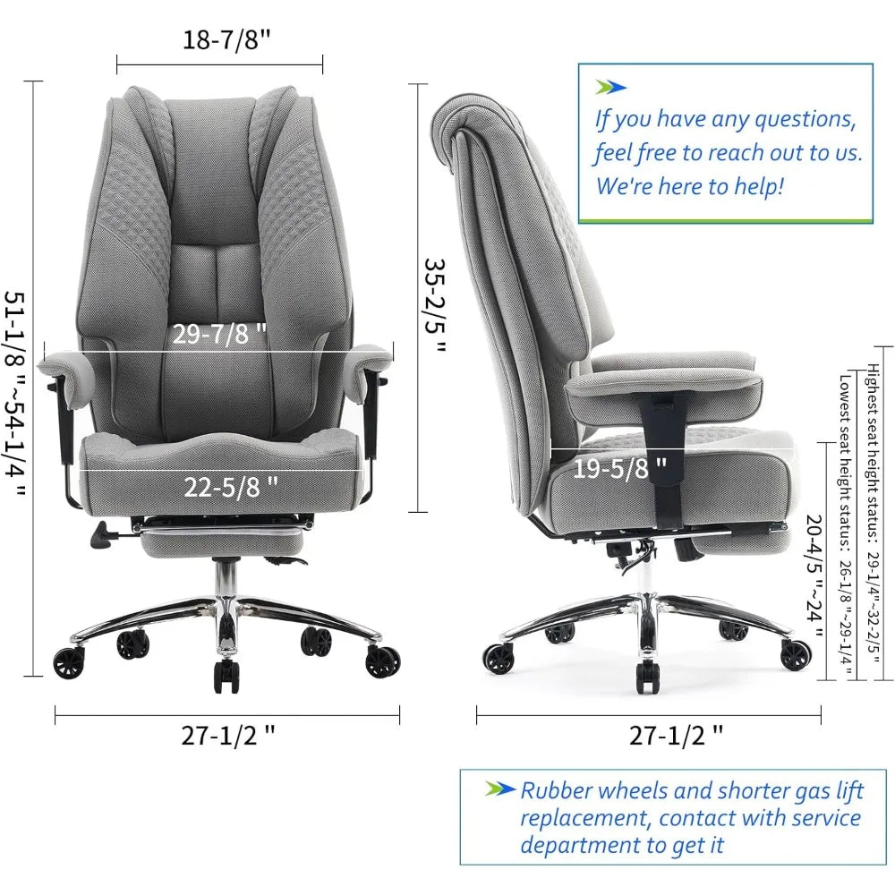 Luxury Leather High-Back Office Chair Supporting Up to 400lbs with Wide Seat and Footrest, Ergonomic Design for Lumbar Support - Kimlud