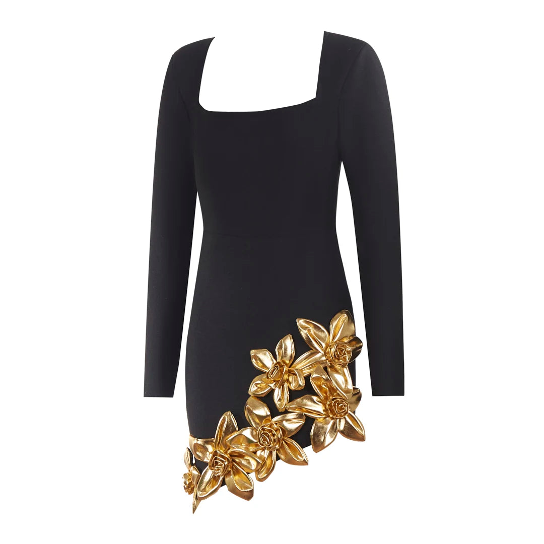 2025 New Fashion Women Long Sleeve Sexy Square Collar Gold Florals Bodycon Mini Bandage Dress Celebrate Nightclub Party Wear - Kimlud