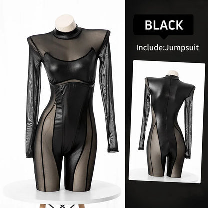 Cat Woman Agents Combat Uniform Black Punk Tight Jumpsuit Cosplay Movie Game Virtual World Alien Robot Mesh Hollow Bodysuit New