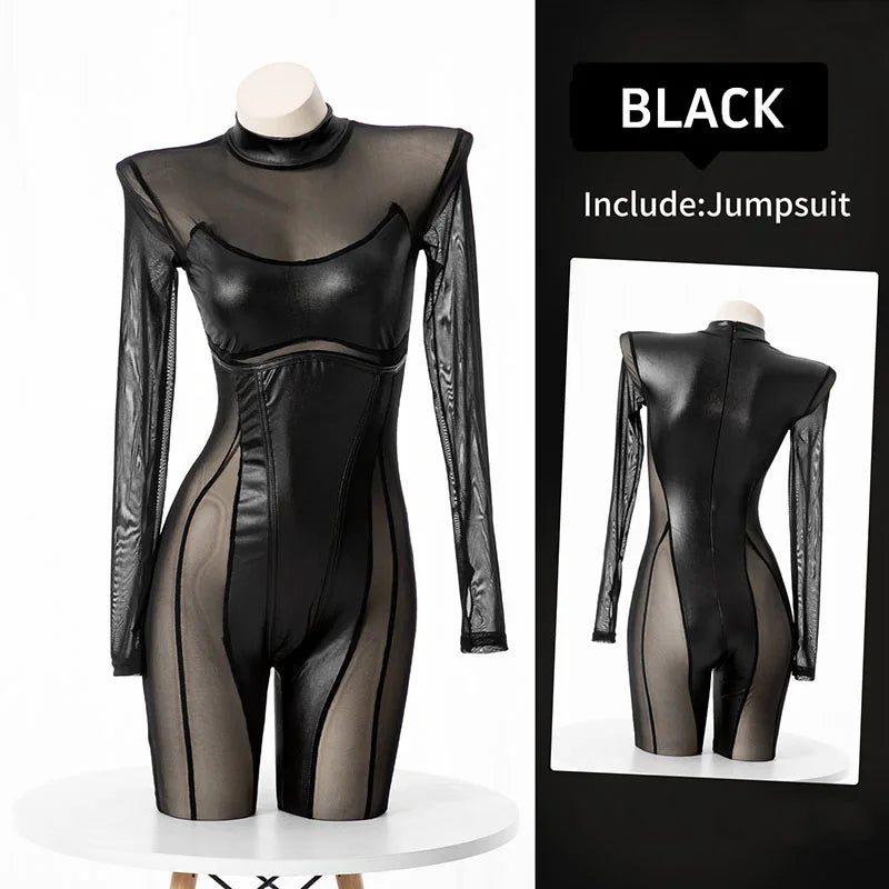 Cat Woman Agents Combat Uniform Black Punk Tight Jumpsuit Cosplay Movie Game Virtual World Alien Robot Mesh Hollow Bodysuit New